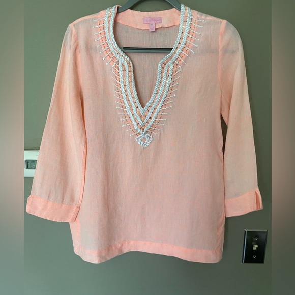 LILLY PULITZER Amelia Island Embroidered 100% Linen Coral Tunic Top Size XS - Picture 4 of 11